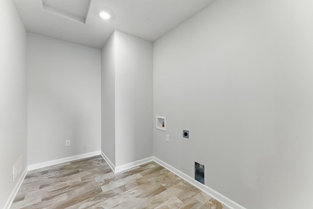 19391 Clearwater Loop, Farmington, MN 55024 - laundry area with electric dryer hookup, hookup for a washing machine, recessed lighting, light wood finished floors, and attic access