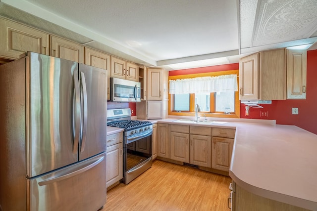208 Lincoln St SW, Mapleton, MN 56065 - kitchen with appliances with stainless steel finishes, light brown cabinets, light countertops, and light wood-style floors