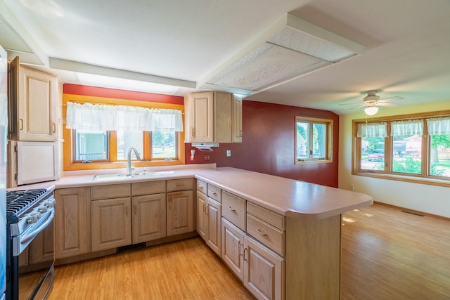 208 Lincoln St SW, Mapleton, MN 56065 - kitchen featuring stainless steel range with gas cooktop, a peninsula, and light brown cabinets