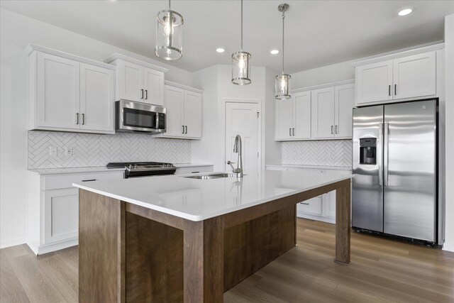 14990 144th Ave N, Dayton, MN 55327 - kitchen with stainless steel appliances, recessed lighting, wood finished floors, decorative backsplash, and light countertops