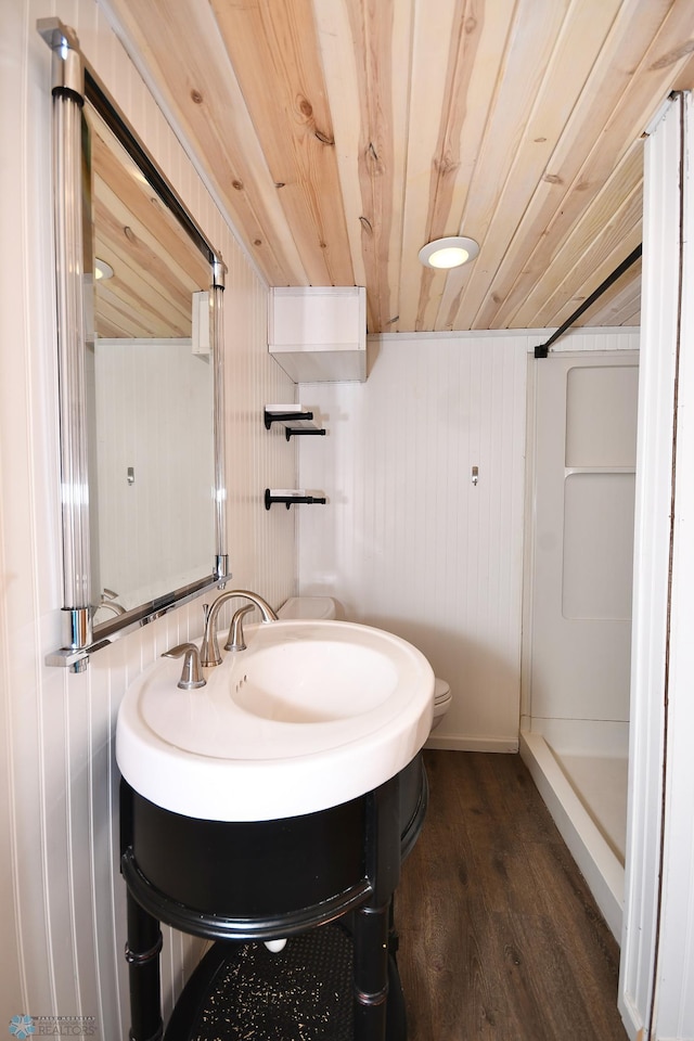 1253 3rd St N, Fargo, ND 58102 - bathroom featuring wood ceiling, wood finished floors, a stall shower, wood walls, and vanity