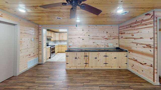 1001 3rd St SW, Crosby, MN 56441 - kitchen with stainless steel electric range, wood ceiling, light brown cabinets, ceiling fan, and dark countertops