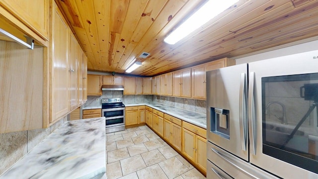 1001 3rd St SW, Crosby, MN 56441 - kitchen featuring appliances with stainless steel finishes, under cabinet range hood, light countertops, decorative backsplash, and wood ceiling
