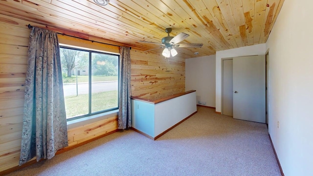 1001 3rd St SW, Crosby, MN 56441 - empty room featuring plenty of natural light, wood walls, wooden ceiling, light carpet, and a ceiling fan