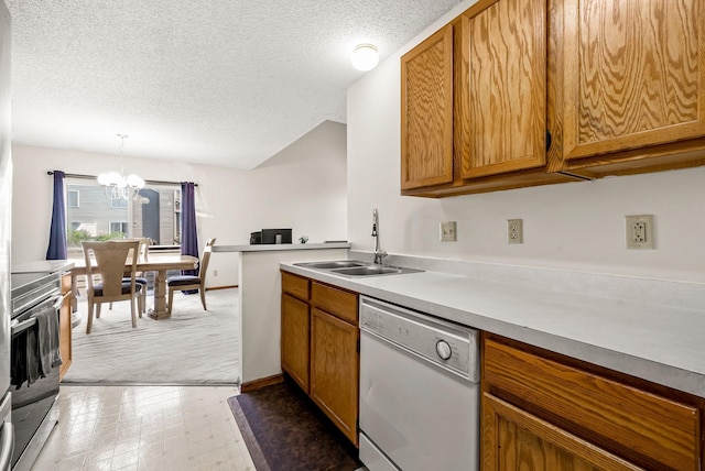 930 106th Ln NW Unit 9Nw, Coon Rapids, MN 55433 - kitchen with dishwasher, a chandelier, brown cabinets, stainless steel range with electric stovetop, and a textured ceiling