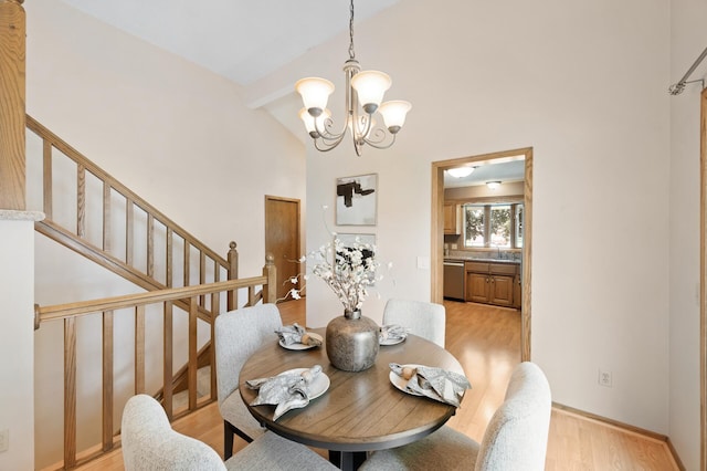 6722 116th Cir, Champlin, MN 55316 - dining space with a chandelier, light wood-style floors, stairway, beamed ceiling, and high vaulted ceiling