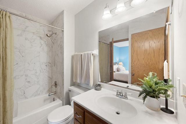 6722 116th Cir, Champlin, MN 55316 - bathroom with shower / tub combo with curtain, vanity, and a textured ceiling