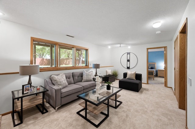 6722 116th Cir, Champlin, MN 55316 - living room with light colored carpet, a textured ceiling, and track lighting