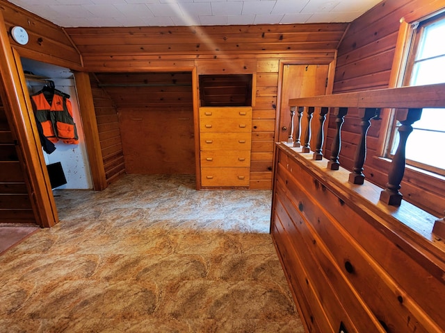 809 16th Ave SE, Austin, MN 55912 - unfurnished bedroom featuring carpet flooring, wood walls, and vaulted ceiling
