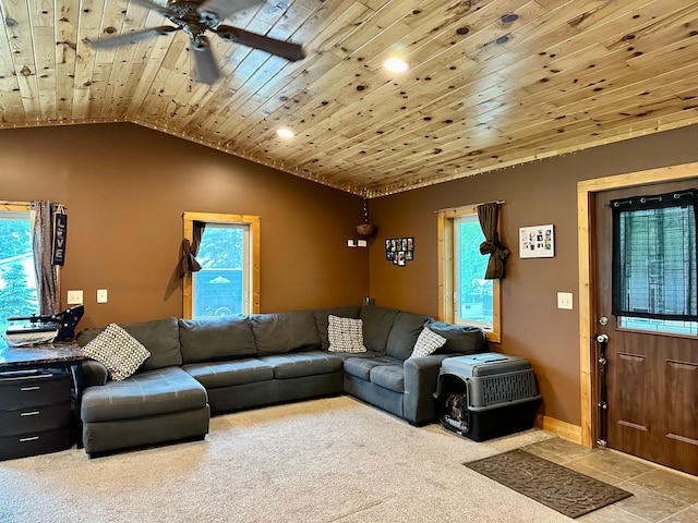 316 2nd St NE, Menahga, MN 56464 - living area featuring a ceiling fan, wood ceiling, vaulted ceiling, and carpet floors