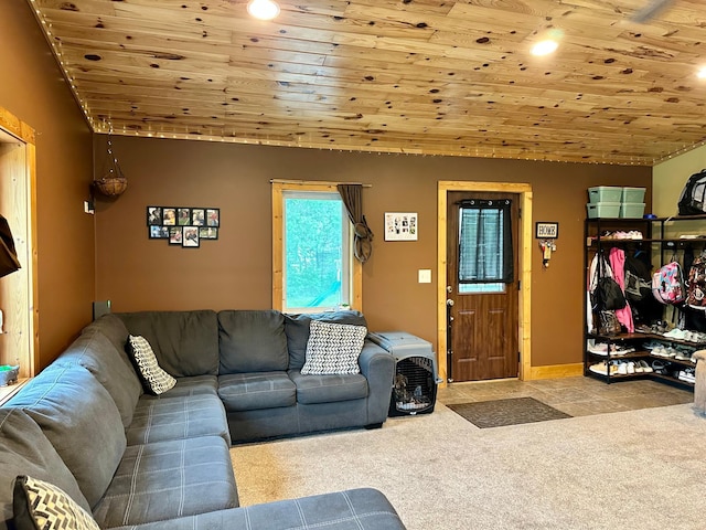 316 2nd St NE, Menahga, MN 56464 - carpeted living room featuring wood ceiling and recessed lighting