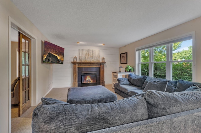 2668 Waterford Ct, Saint Cloud, MN 56301 - carpeted living room with a textured ceiling and a tiled fireplace