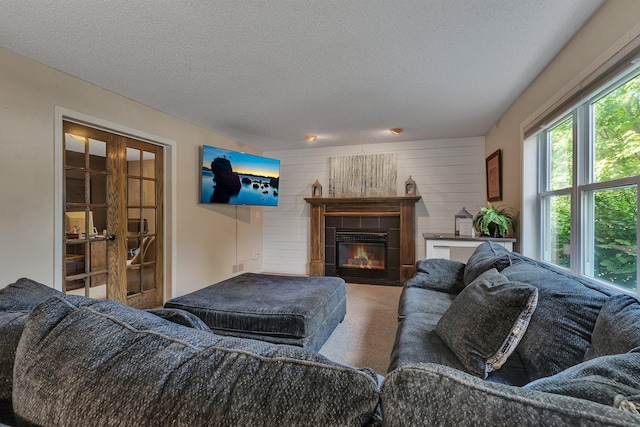 2668 Waterford Ct, Saint Cloud, MN 56301 - living area featuring carpet, a textured ceiling, a glass covered fireplace, and french doors