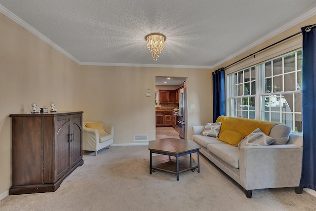 2668 Waterford Ct, Saint Cloud, MN 56301 - living area featuring light colored carpet, crown molding, a chandelier, and a textured ceiling