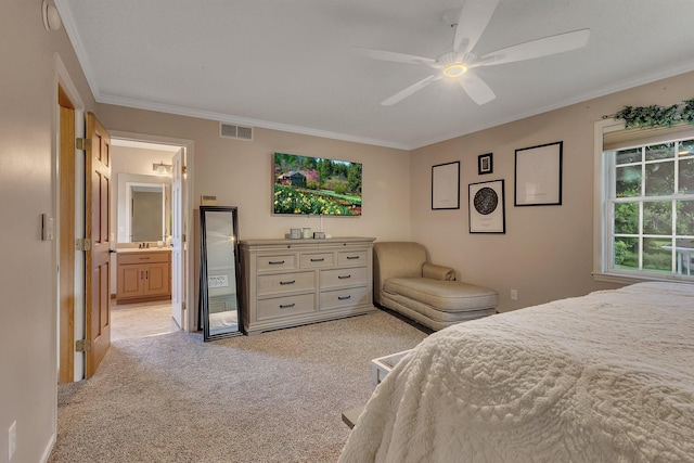 2668 Waterford Ct, Saint Cloud, MN 56301 - bedroom featuring light carpet, ornamental molding, ceiling fan, and ensuite bath