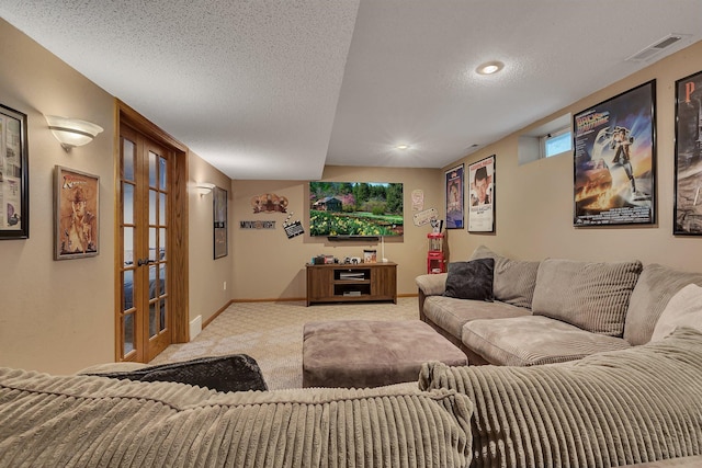 2668 Waterford Ct, Saint Cloud, MN 56301 - living room with carpet floors, french doors, a textured ceiling, and recessed lighting