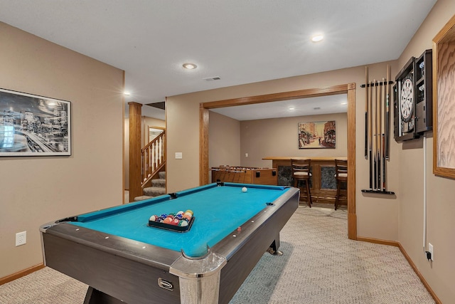 2668 Waterford Ct, Saint Cloud, MN 56301 - game room with a bar, billiards, light colored carpet, and recessed lighting