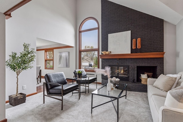 8072 Jocelyn Ave S, Cottage Grove, MN 55016 - living room with high vaulted ceiling, carpet floors, and a fireplace