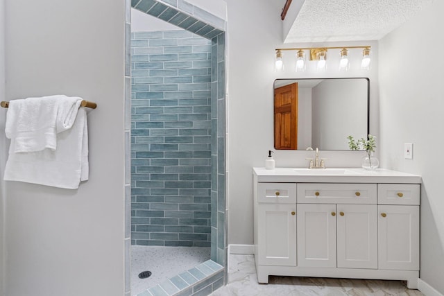 8072 Jocelyn Ave S, Cottage Grove, MN 55016 - bathroom with marble finish floors, a tile shower, and vanity