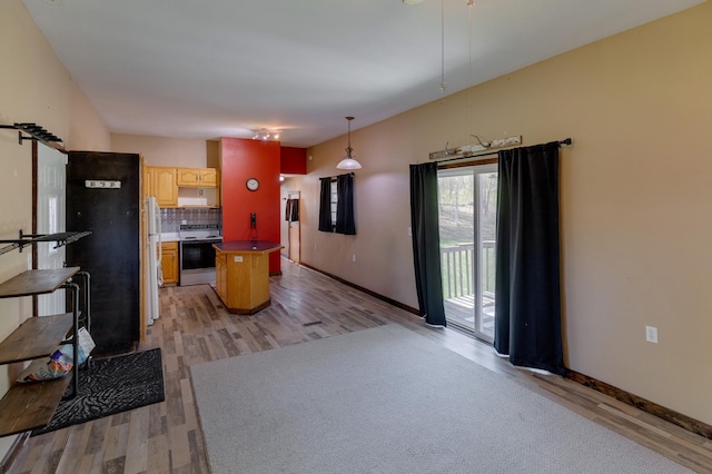 1042 48th Ave SW, Backus, MN 56435 - kitchen featuring electric stove, light wood finished floors, a center island, and backsplash