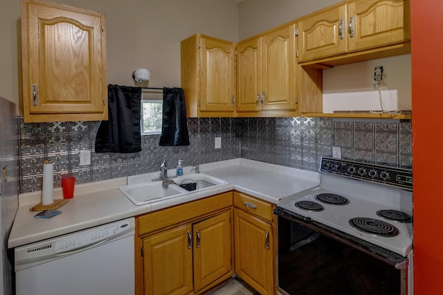 1042 48th Ave SW, Backus, MN 56435 - kitchen with electric range oven, white dishwasher, light countertops, and decorative backsplash