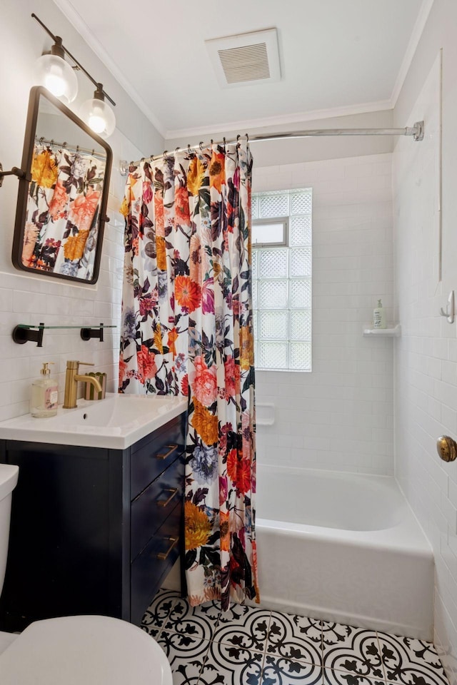 4708 Pleasant Ave, Minneapolis, MN 55419 - full bathroom with ornamental molding, shower / tub combo with curtain, vanity, tile patterned flooring, and tile walls