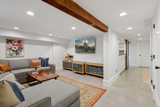 4708 Pleasant Ave, Minneapolis, MN 55419 - living room with finished concrete floors, recessed lighting, and a barn door