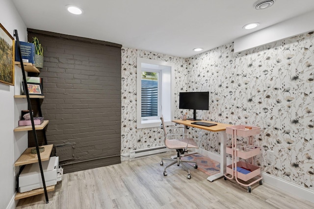 4708 Pleasant Ave, Minneapolis, MN 55419 - office space featuring wood finished floors, recessed lighting, a baseboard heating unit, and wallpapered walls