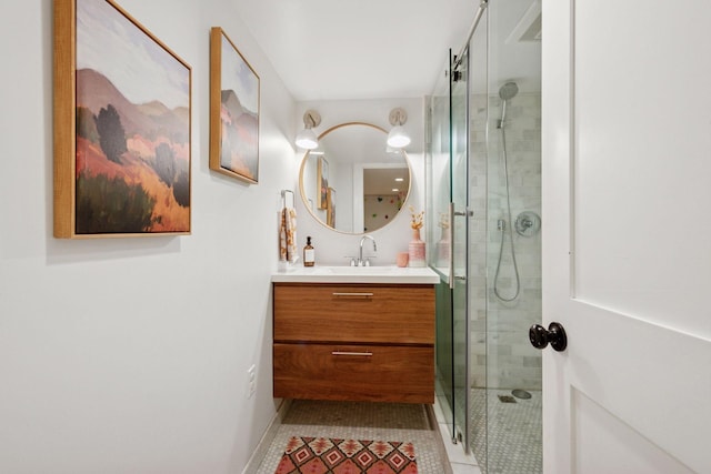 4708 Pleasant Ave, Minneapolis, MN 55419 - full bathroom with vanity, a stall shower, and tile patterned floors
