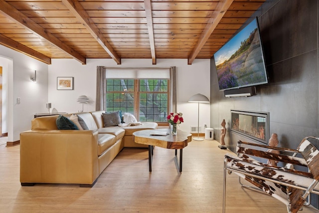 18201 Kathleene Dr, Minnetonka, MN 55345 - living area with a wooden ceiling with exposed beams, light wood-type flooring, and a fireplace