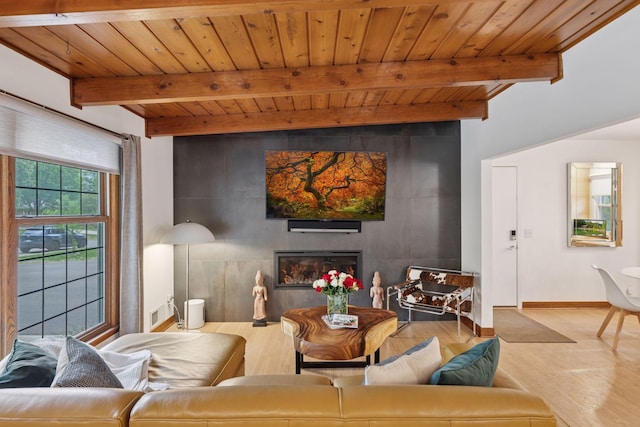 18201 Kathleene Dr, Minnetonka, MN 55345 - living room with wood finished floors, a wooden ceiling with exposed beams, and a glass covered fireplace