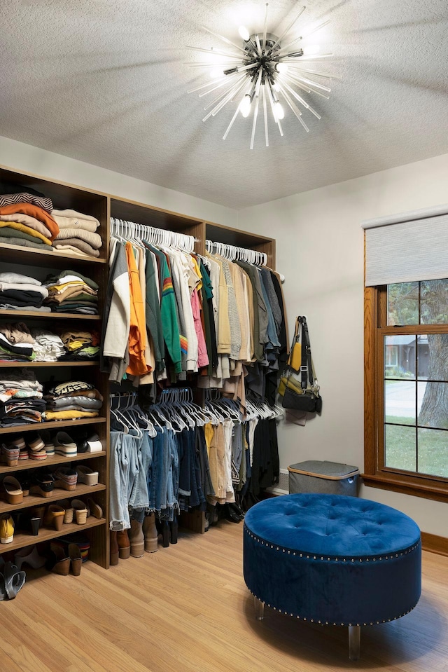 18201 Kathleene Dr, Minnetonka, MN 55345 - walk in closet featuring wood finished floors and a chandelier