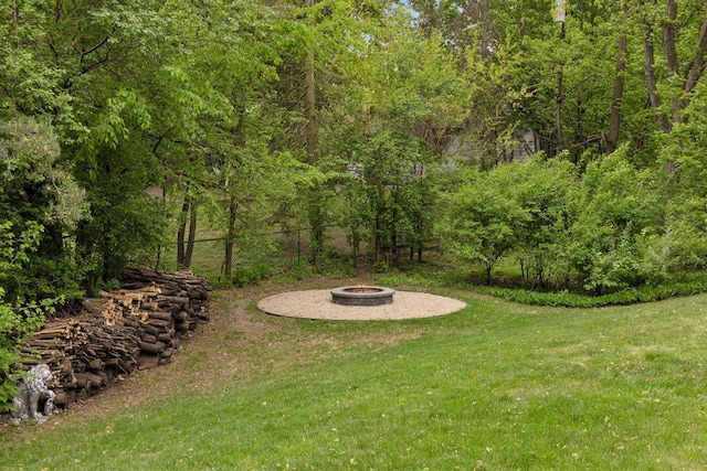 18201 Kathleene Dr, Minnetonka, MN 55345 - view of green lawn with a fire pit and a forest view
