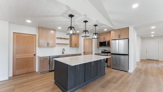 322 Old Glory Dr NE, Alexandria, MN 56308 - kitchen featuring appliances with stainless steel finishes, open shelves, recessed lighting, light wood-type flooring, and light countertops