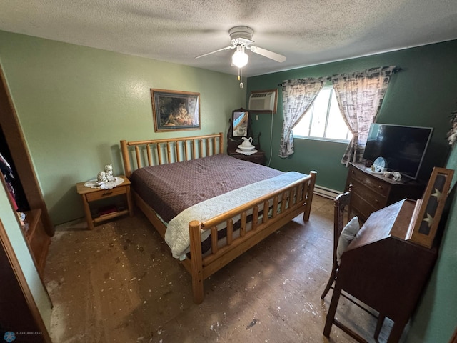 238 18th St E, West Fargo, ND 58078 - bedroom featuring a textured ceiling, a baseboard radiator, a ceiling fan, and a wall mounted air conditioner