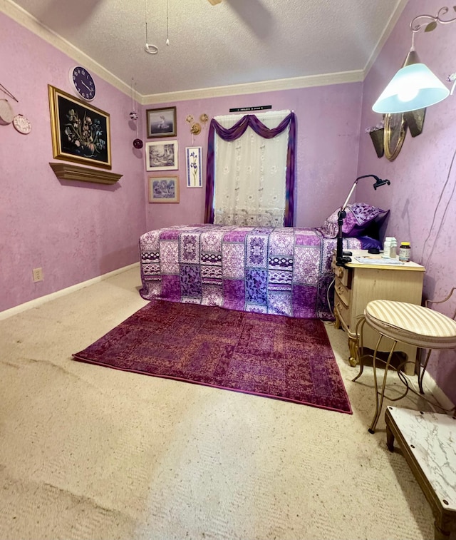 413 3rd Ave SE, Baudette, MN 56623 - carpeted bedroom featuring ornamental molding, a textured ceiling, and a ceiling fan