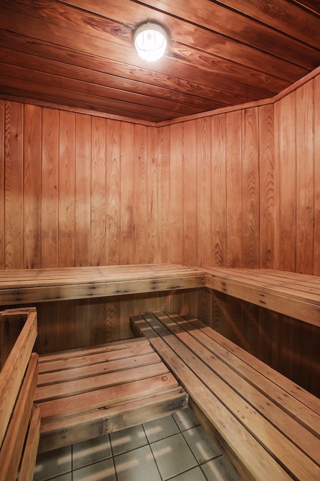 3131 Excelsior Blvd Unit 508, Minneapolis, MN 55416 - sauna featuring wooden ceiling, tile patterned floors, and wooden walls