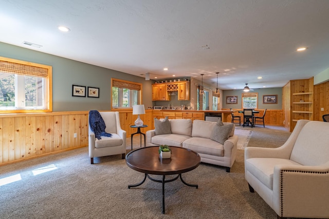 20255 215th Ave NW, Big Lake Twp, MN 55309 - living area with wainscoting, recessed lighting, wooden walls, and light colored carpet