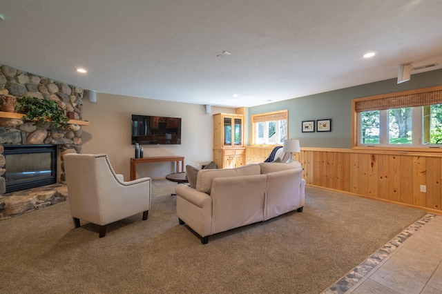 20255 215th Ave NW, Big Lake Twp, MN 55309 - living area featuring a wainscoted wall, recessed lighting, a stone fireplace, and wood walls