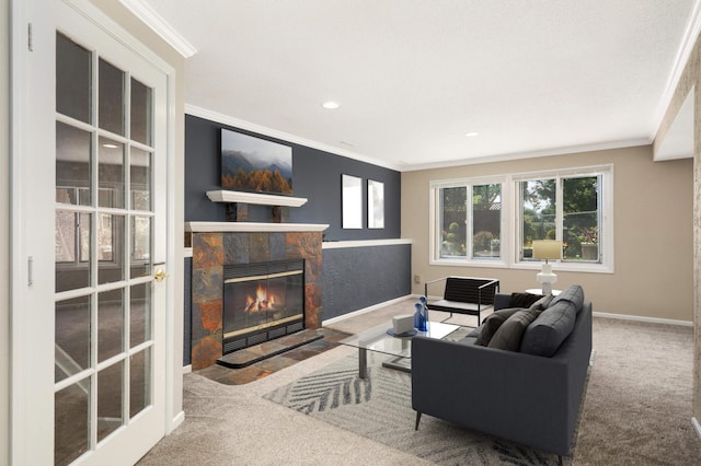 2217 73rd Ct N, Brooklyn Park, MN 55444 - carpeted living room with crown molding, a fireplace, healthy amount of natural light, and recessed lighting