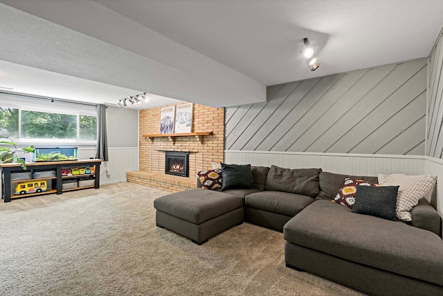 941 Cannon Ave, Shoreview, MN 55126 - living area featuring track lighting, carpet flooring, a textured ceiling, and a brick fireplace