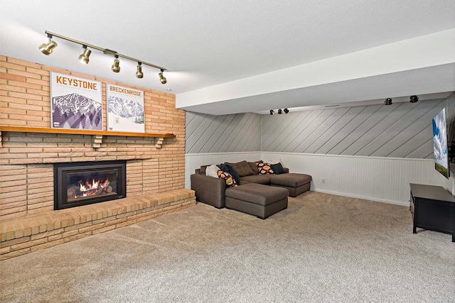 941 Cannon Ave, Shoreview, MN 55126 - carpeted living room with track lighting, a brick fireplace, and wooden walls