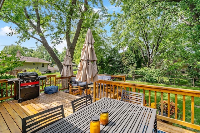 941 Cannon Ave, Shoreview, MN 55126 - wooden deck with outdoor dining area, a fenced backyard, grilling area, and view of wooded area