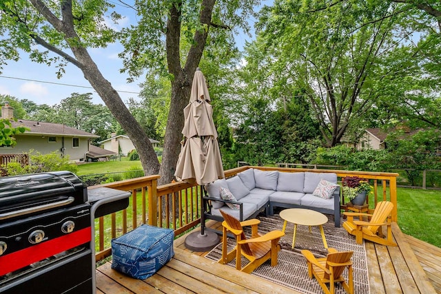 941 Cannon Ave, Shoreview, MN 55126 - wooden deck featuring outdoor lounge area, a grill, and a fenced backyard