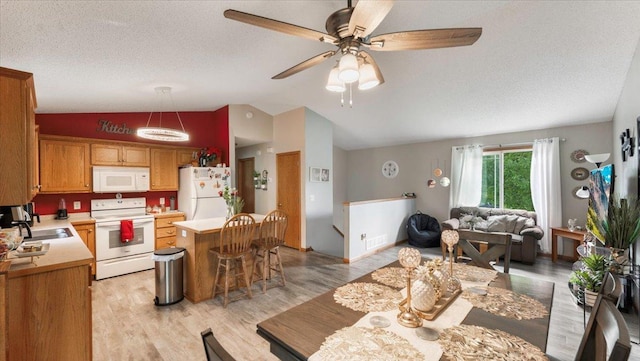 234 17th Ave SE, Saint Joseph, MN 56374 - dining space featuring vaulted ceiling, light wood-style floors, a ceiling fan, and a textured ceiling