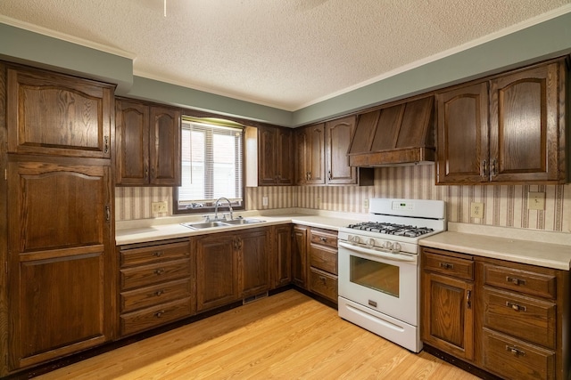 421 Moore St, Blue Earth, MN 56013 - kitchen with custom range hood, white gas range, a textured ceiling, light wood finished floors, and crown molding