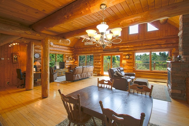 2338 Olson Rd, Blackhoof Twp, MN 55718 - dining space featuring a chandelier, rustic walls, wooden ceiling, and light wood finished floors
