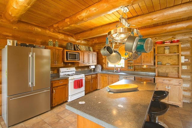 2338 Olson Rd, Blackhoof Twp, MN 55718 - kitchen with appliances with stainless steel finishes, a wood ceiling with exposed beams, log walls, dark countertops, and open shelves
