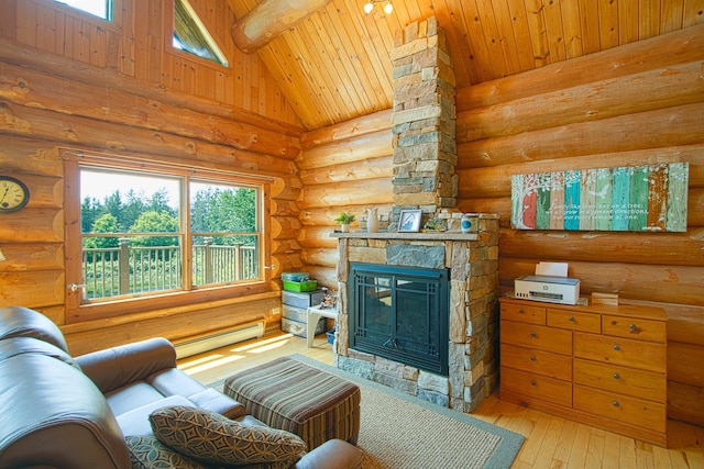 2338 Olson Rd, Blackhoof Twp, MN 55718 - living area with a baseboard radiator, rustic walls, a fireplace, a wooden ceiling with exposed beams, and healthy amount of natural light