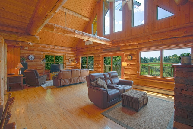 2338 Olson Rd, Blackhoof Twp, MN 55718 - living room with log walls, a wood ceiling with exposed beams, high vaulted ceiling, hardwood / wood-style flooring, and a ceiling fan